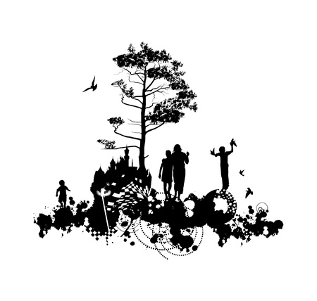 Mom put her arm around his son and walks in the woods black and whiteのイラスト素材