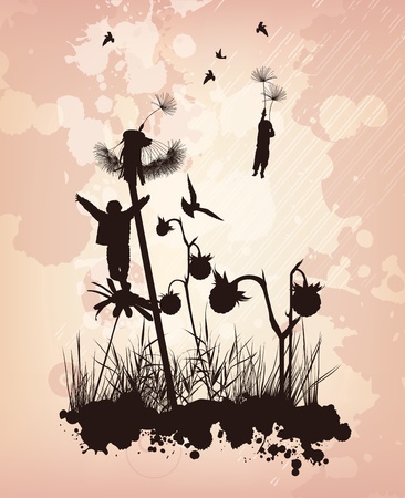 The boys are flying in the sky on the flowersのイラスト素材