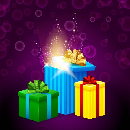 set of gift boxes with beautiful light coming from themのイラスト素材