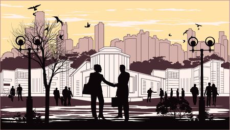 silhouettes of people on city background with birdsのイラスト素材