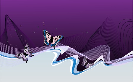 abstract lilac background with butterflies, waves  and starsのイラスト素材