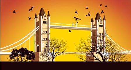 Old British Bridge with birds aroundのイラスト素材