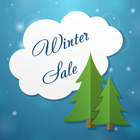 Paper applique fir-tree and winter sale cloud on blue backgroundのイラスト素材