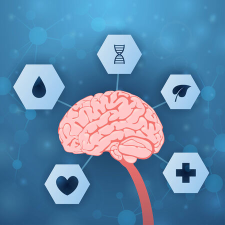 Brain and medical assistance on blue background