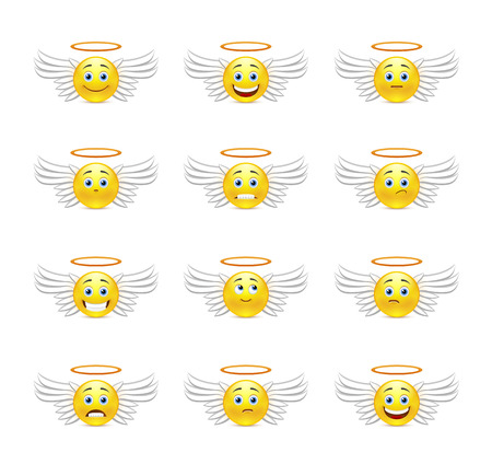 Smiley Pack angels with wings and a halo over his head with different emotionsのイラスト素材
