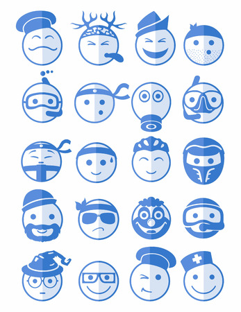 20 icons set profession smilies with different emotions in blue color on half faceのイラスト素材