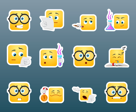 Set of 12 scientist smile emoticon stickersのイラスト素材
