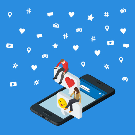 Social media marketing 3d isometric concept. Black 3d smartphone. Isometric People sit on the dialog box. Online dating and chat. Social icons. Exchange messages. Community & Flirt vector illustrationのイラスト素材