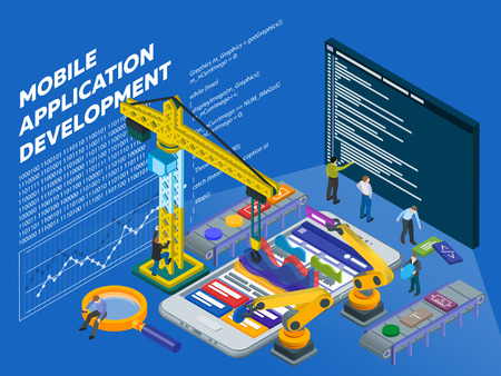 Mobile App Development. Flat 3d isometric mobile Ux web design concept. Isometric infographic concept. Program code on a screen. People at work in different poses. Vector illustrationのイラスト素材