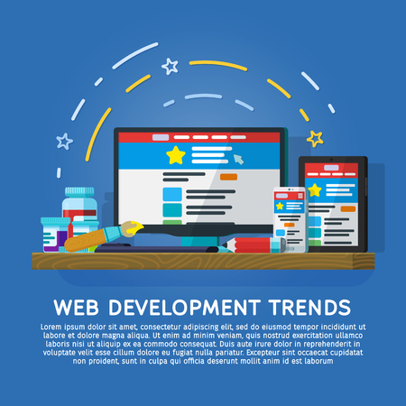 Web Development Trends for 2017 vector banner. Monitor, tablet and smartphone in a flat style. User interface on digital tablet and on mobile phone. Devices on a wooden table. Vector illustrationのイラスト素材