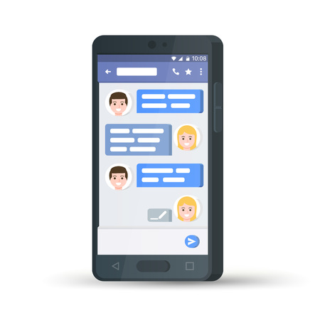 Black 3d mobile phone. Social network concept. Flat stylish smartphone. Messenger window. Chating and messaging concept. Blue chat boxes. Message exchange. Vector illustrationのイラスト素材