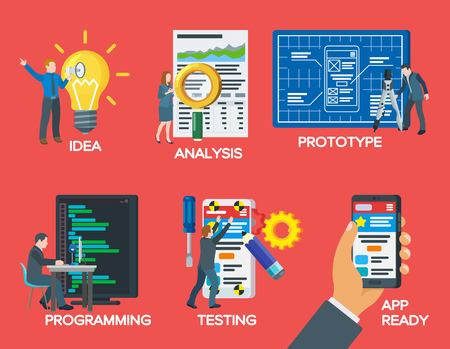 Modern illustration of business project startup process. Mobile app development process. Set of icons in a flat style. Project idea, analysis, prototype, programming, testing. Vector illustrationのイラスト素材