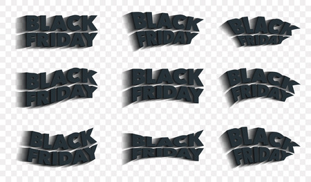 Black Friday. Sale and discounts banners templates design. A set of inscriptions with a shadow. Isolated letters are black color. Template for advertising. Curved text. Vector illustration.のイラスト素材