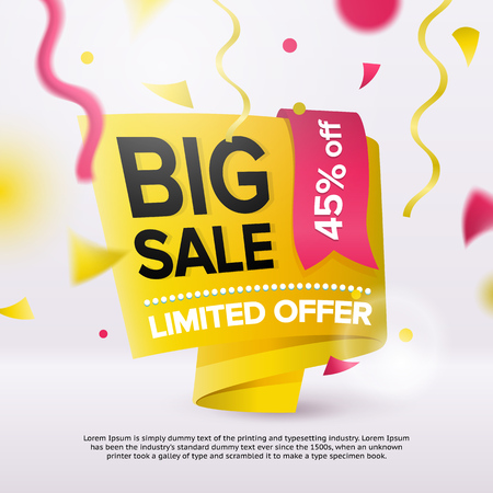 Big sale bright banner design template. Special offer advertising poster. Fashionable banner for a site or ads. Defocused confetti and ribbons. Yellow discount label. Vector imageのイラスト素材