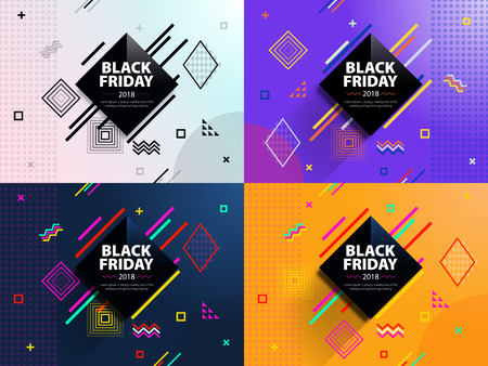 Black friday 2018. Sale and discounts fashion banners. A set of banners templates in flat trendy memphis geometric style. Abstract rhomb geometric design and background.  Fashionable vector imageのイラスト素材