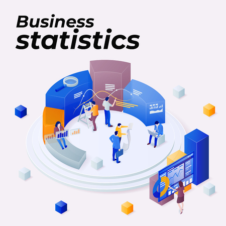 Statistics and business statement. Promoting business on the Internet. Seo optimization. People work in a team and achieve the goal. Consulting for company performance, analysis concept. Vector imageのイラスト素材