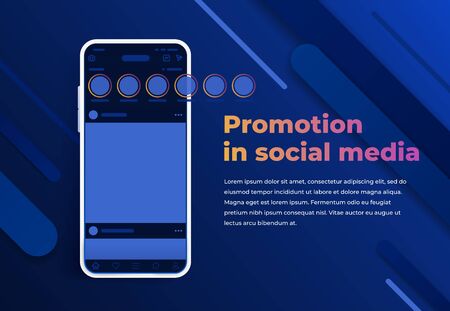 Promotion in social media. Stories in social networks. Modern cellphone with app screen mockup. Smartphone with interface carousel post on social network. Abstract colorful memphis backgroundのイラスト素材