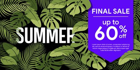 Final sale up to 60% off Green tropical leaves on a black background. Summer floral frame with tropical plants. Sale banner, poster with palm leaves and  hibiscus. Discount backgroundのイラスト素材