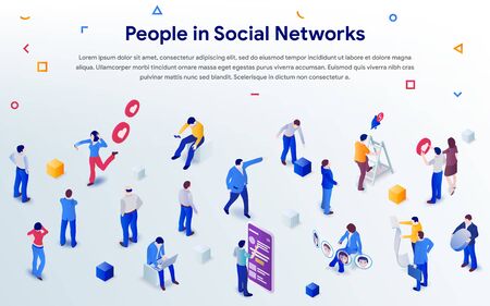 People in social networks 2019. Mix of different men and women in crowd on white background. 3d isometric promotion business concept. Communication addiction. Vector illustration for web or posterのイラスト素材