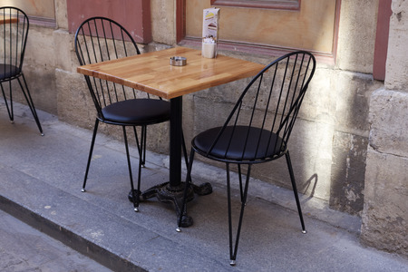Empty tables and chairs of outdoor restaurant in the center of Istanbul in the old townの写真素材