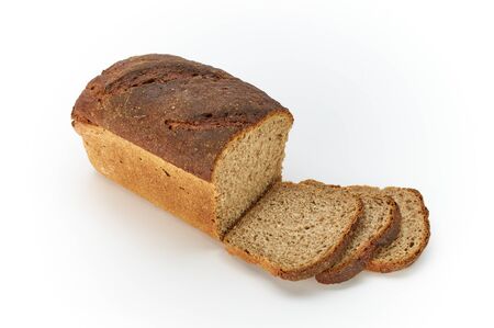 Traditional rural rye bread, sliced on a white background, studio photoの写真素材