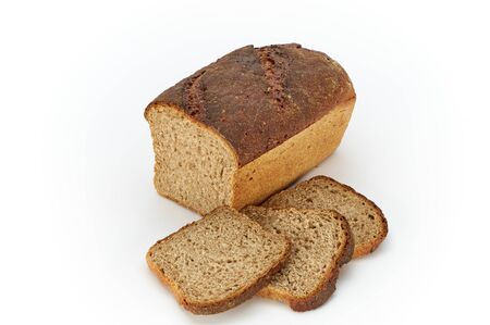 Traditional rural rye bread, sliced on a white background, studio photoの写真素材