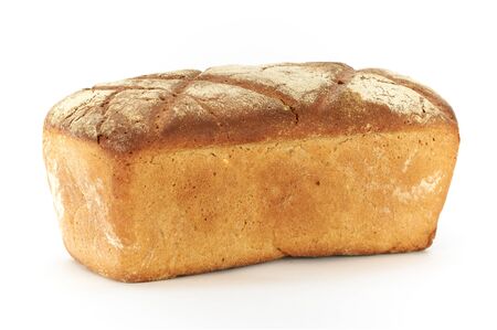 Traditional rustic wheat bread, whole on a white background, studio photoの写真素材