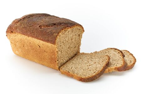 Traditional rural rye bread, sliced on a white background, studio photoの写真素材