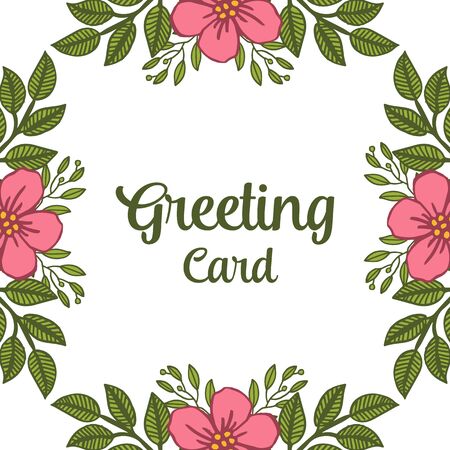 illustration greeting card pink flower and green leaves frameのイラスト素材