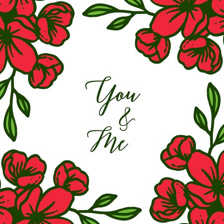 Illustration lettering of you and me with red floral frameのイラスト素材