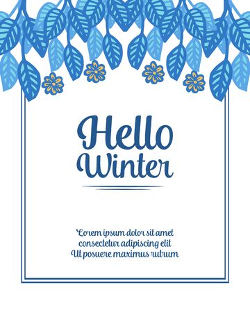 Hello Winter lettering with blue floral frameのイラスト素材