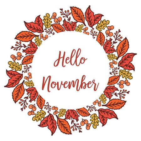 Hello November lettering with foliage wreath frameのイラスト素材