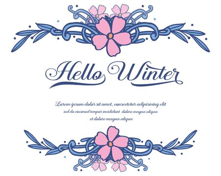 Hello winter lettering with pink floral frameのイラスト素材