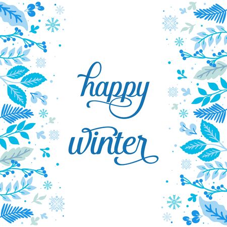 Happy winter lettering with blue floral frameのイラスト素材