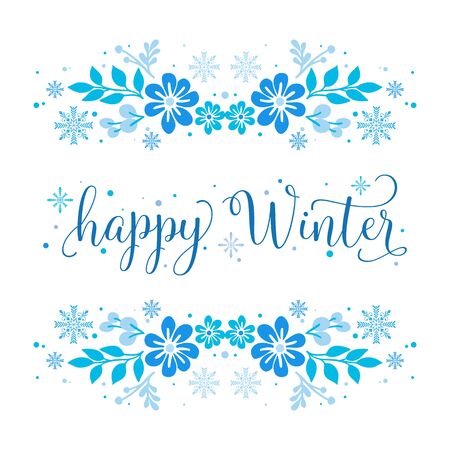 Happy winter lettering with blue floral frameのイラスト素材