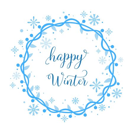 Happy winter lettering with blue floral frameのイラスト素材