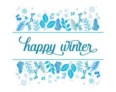 Happy Winter lettering with blue floral frameのイラスト素材