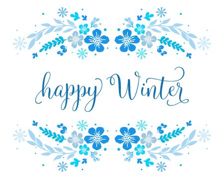 Happy Winter lettering with blue floral frameのイラスト素材