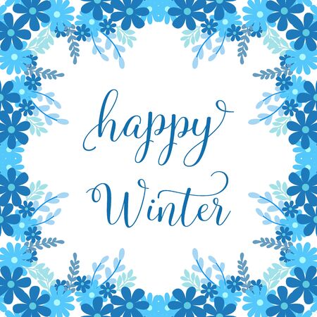 Happy Winter lettering with blue floral frameのイラスト素材