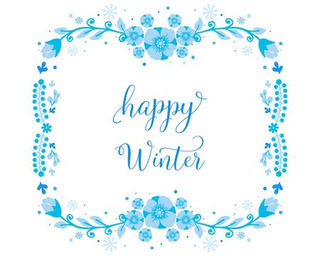 Happy Winter lettering with blue floral frameのイラスト素材