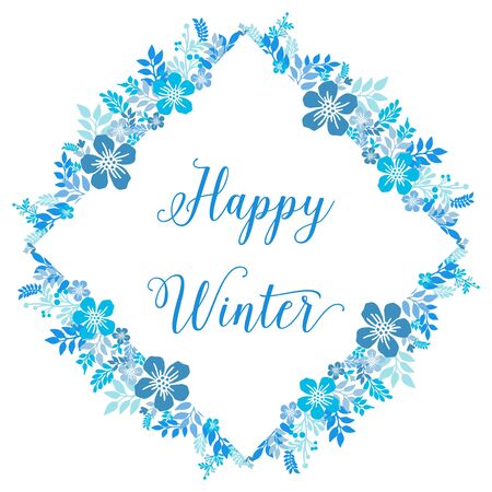 Happy Winter lettering with blue floral frameのイラスト素材