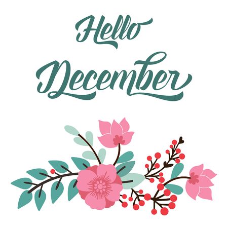 Hello December lettering with pink floral designのイラスト素材