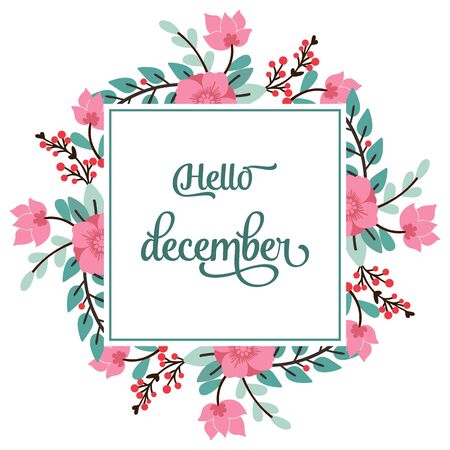 Hello December lettering with pink floral frameのイラスト素材