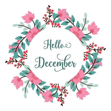 Hello December lettering with pink floral frameのイラスト素材