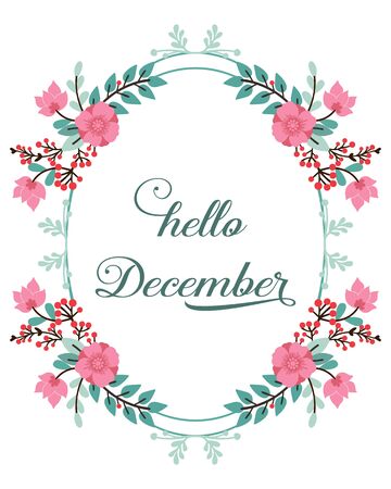 Hello December lettering with pink floral frameのイラスト素材