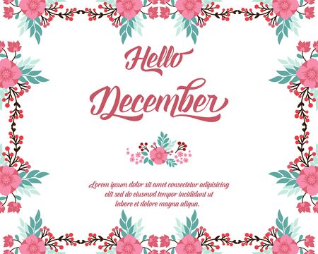 Hello December lettering with pink floral frameのイラスト素材