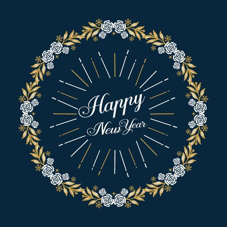Happy New Year card with rose flower wreath frame designのイラスト素材