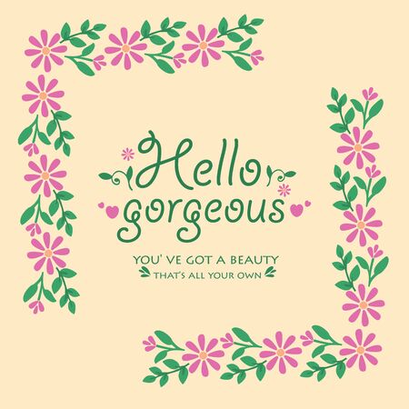 Cute of leaf and pink wreath frame, for seamless hello gorgeous card design. Vector illustrationのイラスト素材