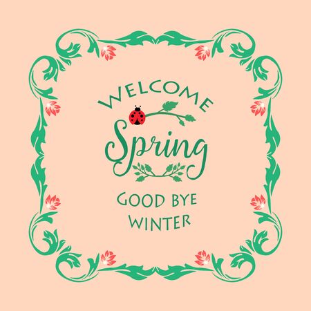 Seamless leaf and red flower frame design, for cute welcome spring greeting card design. Vector illustrationのイラスト素材
