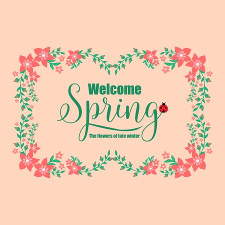 Greeting card welcome spring Design, with ornate simple of leaf and red flower. Vector illustrationのイラスト素材